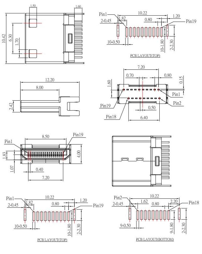 HDMI-C-3 ,HDMI JACK C TYPE ,公頭HDMI夾板式，HDMI plug規(guī)格圖
