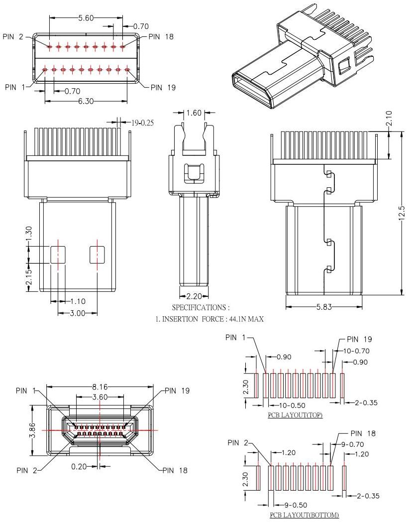 HDMI-D-6  D TYPE 公頭夾板,板厚1.6mm，HDMI JACK SERIES規(guī)格圖